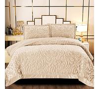 B&B Heavy Quilted Bedspread 3pcs Large Bed Throw with Hypoallergenic Pillow Set - Luxurious Super King Size Bed Throws and Bedspreads Velvet- Beige