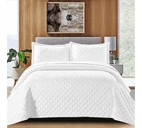 B&B King Size Bedspread Bed Throw Embossed Pattern Reversible Quilted Bedspread Set with 2 Pillow Shams - Decorative Quilt Coverlet Bedding Set, White