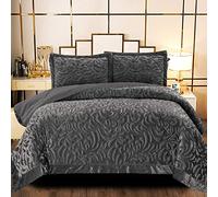 B&B Luxury Velvet Quilted Bedspread King Size Bedding Set 3 Piece with Matching Shams - Super Soft Warm Quilt Blanket for Bedroom Decor for Teen Girls - Grey