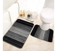 B&B Microfiber Memory Foam Striped Pedestal Mat (50x60 cm) + Bath Mat (50x80 cm)- Super Water Absorbent Non Slip Quick Drying Bathroom Toilet Shower Mat 2Pcs, Grey Black