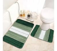 B&B Microfiber Memory Foam Striped Pedestal Mat (50x60 cm) + Bath Mat (50x80 cm)- Super Water Absorbent Non Slip Quick Drying Bathroom Toilet Shower Mat 2Pcs, Green