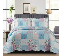 B&B Patchwork Bedspread Box Pattern Cotton Filling Reversible Quilted Throw for Bedroom Decor - Warm Quilt Coverlets Blankets Single Bed Floral Blue Bedspread with Pillow Case