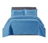 B&B Quilt Inspiration Reversible Bedspread 3 Pieces Set - Coverless Quilted Diamond Pattern Comforter Throw, Summer, All-Season Lightweight Bedding Sets, with 2 Pillow (Blue, Double)