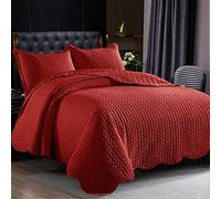 B&B Quilt Mono Bedspread 3 Pieces Set - Coverless Quilted Leaf Motif Bedspread, Comforter Throw, Summer, Winter and All-Season Lightweight Bedding Sets, with 2 Pillow Shams (Double, Red)