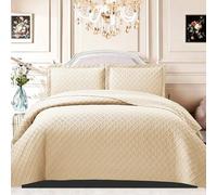 B&B Quilted Bedspread Bed Throws - Luxury Embossed Diamond Check Pattern Reversible Quilt Bedspreads Coverlets for Bedroom Decor with Matching Pillow Shams (Single, Beige)