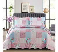 B&B Quilted Bedspreads Patchwork Throw - Box Pattern Cotton Filling Vintage Bedding Double Bed Bedspread - Hypoallergenic Quilt Coverlets Warm Bedding With Pillow Shams Floral Pink Blanket