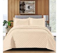 B&B Super King Size Bedspread Bed Throw Embossed Pattern Reversible Quilted Bedspread Set with 2 Pillow Shams - Decorative Quilt Coverlet Bedding Set, Beige