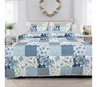 B&B Super King Size Quilt Bedspread Throw Quilted Patchwork Comforter 3 Piece Bedding Set + 2 Pillow Cases for Girls Bedroom Decor - 100% Cotton Warm Blanket (ICE BLUE FLORAL(Des 6)