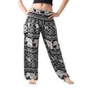 B Bangkok Pants Harem Pants Women Boho Clothes with Pockets (Black Elephant, One Size)