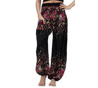 B BANGKOK PANTS Harem Pants Women Boho Clothes with Pockets (Black Floral, One Size)