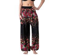 B BANGKOK PANTS Harem Pants Women Boho Clothes with Pockets (Black Floral, One Size)