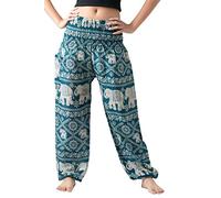 B BANGKOK PANTS Harem Pants Women Boho Clothes with Pockets (Green Elephant, One Size)