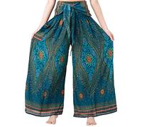 B BANGKOK PANTS Women's Boho Palazzo Pants Wide Leg Lounge Pants (One Size, Green Peacockeye)