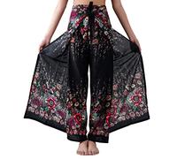 B Bangkok Pants Women's Boho Palazzo Pants Wide Leg Yoga Wrap Tie Up Waist, Black Floral, 16-20 Plus