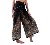 B Bangkok Pants Women's Boho Palazzo Pants Wide Leg Yoga Wrap Tie Up Waist, Black Peacock, One Size
