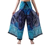 B Bangkok Pants Women's Boho Palazzo Pants Wide Leg Yoga Wrap Tie Up Waist, Bohorose Blue, 16-20 Plus