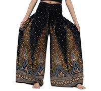 B BANGKOK PANTS Women's Boho Palazzo Pants Yoga Wide Leg Pants, Black Peacock, 20-24 Plus