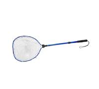 B Baosity Foldable And Portable Aluminum Fishing Landing Net, Soft Silicone Mesh, Telescopic Mechanism And Strap, Ideal for Fishermen, Blue Pole White Net