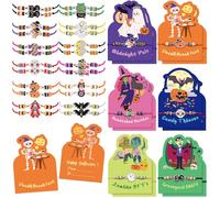 B Bascolor Halloween Bracelets Bulk with Gift Cards for Kids Women, 24pcs Halloween Jewelry Stackable Pumpkin Spider Ghost Charms Bracelets, Halloween Party Favors Goodie Bag Fillers Classroom Prizes