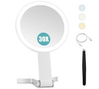 B Beauty Planet 30x/1x Magnifying Travel Mirror with Light, Double-Sided Rechargeable Adjustable Brightness 3 Colour Lighting, Folding, Handheld/Hangable/Tabletop, 3 Ways Using Mirror, White