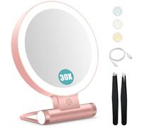 B Beauty Planet Magnifying Mirror with Light 30X, Double-Sided 1X/ 30X Magnifying Makeup Mirror with Tweezer,2000mAh 3 Color Modes with Adjustable Brightness, Foldable Compact Travel mirror(rosegold)