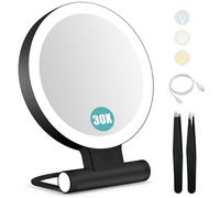 B Beauty Planet Magnifying Mirror with Light 30X, Double-Sided 1X/ 30X Magnifying Makeup Mirror with Tweezer,2000mAh 3 Color Modes with Adjustable Brightness, Foldable Compact Travel mirror(Black)