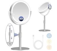 B Beauty Planet Magnifying Mirror with Light, Double Sided 1X/20X Makeup Mirror for Bathroom, Adjustable Height and 3 Color Light, Detachable for travel, Suitable for Vanity or Makeup (Silvery)