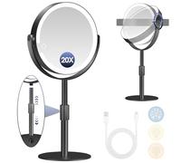 B Beauty Planet Makeup Mirror with Light 20X/1X, Height Adjustable Magnifying Mirror with 3 Color Lights, 360°Rotation and Detachable, Suitable for Bathroom/Bedroom, with tweezers (Black)
