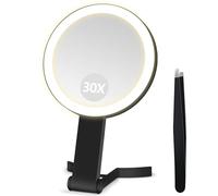 B Beauty Planet Makeup Mirror with Light, Double Sided 30X/1X Hand Mirror with Handle, Portable for Shower Shaving, 3 Color Lights and Adjustable Brightness, Travel Accessories for Women (Black)
