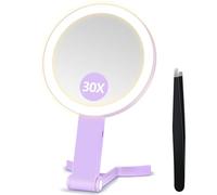 B Beauty Planet Makeup Mirror with Light, Double Sided 30X/1X Travel Magnifying Mirror, 3 Color Lights, Dimmable Touch Screen, Cosmetic Foldable mirror with Tweezer, Tabletop Handheld Hanging (Purple)