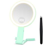 B Beauty Planet Travel Makeup Mirror, Double Sided 30X/1X Vanity Mirror with Light, Foldable Compact for Bathroom/Bedroom, 3 Color Lights, Handheld Use for Travel, with Adjustable Stand (Green)