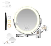 B Beauty Planet Wall Mounted Makeup Mirror, 1X/20X Double-Sided Magnifying Mirror with 3 Color Lights, 360° Foldable Extendable Arm Design for Shaving & Makeup, Height Adjustable for Bathroom, Silver