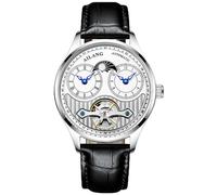 B BINGER Men's Automatic Watch Dual Time Clown Moon Phase Ailang Series Watches (Silver White)