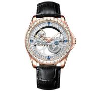 B BINGER Men's Automatic Watch Unisex Skeleton Mechanical Neutral Rock Crystal Wristwatch (Rose Gold)