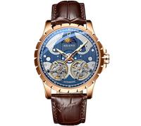 B BINGER Men's Skeleton Watches Automatic Ailang Watch with Dual Balance Wheels Wristwatch, Rose Gold Blue