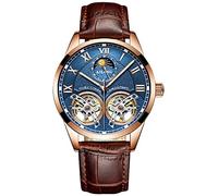 B BINGER Men's Skeleton Watches Automatic Mechanical Ailang Watch with Dual Balance Wheels (Gold Blue)