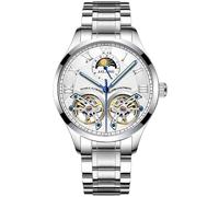 B BINGER Men's Skeleton Watches Automatic Mechanical Ailang Watch with Dual Balance Wheels (Silver White-B)