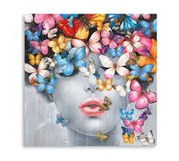 B BLINGBLING Butterfly Wall Decor Gift for Women: Colorful Butterflies Canvas Wall Art Poster Gray Woman Painting in Blush Pink Lip Framed Picture for Girls Bedroom Home Office Decorations 24"x24"