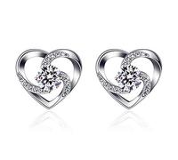 B.Catcher Women's Earrings "Love is Happiness", 925 Sterling Silver Stud Earrings with Zirconia, Elegant Heart Design, for Birthday/Valentine's Day/Mother's Day