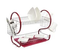 B-Creative 2 TIER CHROME PLATE DISH CUTLERY CUP DRAINER RACK DRIP TRAY PLATES HOLDER NEW (RED)