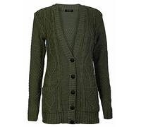 Fashion Valley Womens Long Sleeve Chunky Cable Knitted Button Ladies Grandad Long Cardigan (M/L UK 12-14, Khakhi)