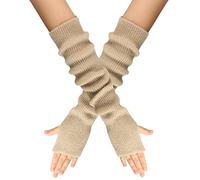B-HOT Knit Arm Warmers with Thumb Hole Long Fingerless Gloves Stretchy Mittens for Women Jogging Bicycling Skiing Office Typing Beige