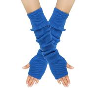 B-HOT Knit Arm Warmers with Thumb Hole Long Fingerless Gloves Stretchy Mittens for Women Jogging Bicycling Skiing Office Typing Blue