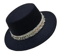 B-HOT Ladies Wide Brim Flat Top Fedora Hat with Removable Band Wool Felt Panama Sun Hat Jazz Cap for Men Women Navy Blue