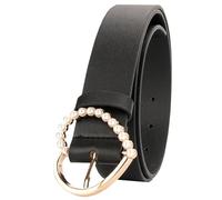 B-HOT Women Skinny Leather Belt,Adjustable Pearl Heart Buckle Dress Belt,Solid Color Thin Waist Belts for Dress Black