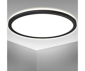 B.K.Licht LED Round Ceiling Light, Ø16.5in, Ultra-Flat 1.1in, Built-in 22W LED Board, 4000K Neutral White, 3000Lm, Indirect Ceiling Backlight, Black Finish, Modern Ceiling Panel, IP20