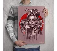 b.krefta SUGARSKULL GIRL - with Crown and skull ART PRINT- PINK EDITION - Signed by artist