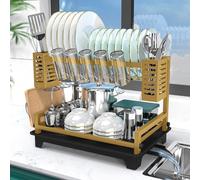 B-Land Dish Drying Rack, 2 Tier Dish Racks for Kitchen Counter, Large Dish Drying Rack with Drainboard & Utensil Holders, Rust-Proof Dish Drainers,Kitchen Organization Gold