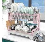 B-Land Dish Drying Rack, 2 Tier Dish Racks for Kitchen Counter, Large Dish Drying Rack with Drainboard & Utensil Holders, Rust-Proof Dish Drainers,Kitchen Organization