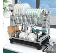 B-Land Dish Drying Rack, 2 Tier Dish Racks for Kitchen Counter, Large Dish Drying Rack with Drainboard & Utensil Holders, Rust-Proof Dish Drainers,Kitchen Organization